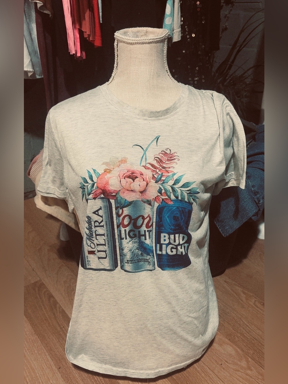 Graphic Floral Beer Can Tee - Light Gray
